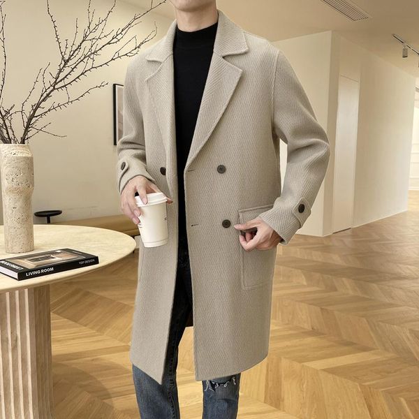 

2021 new men's wool blends double-sided cashmere 78 (%) coat british chinese style youth double row button tooling long coats, Black