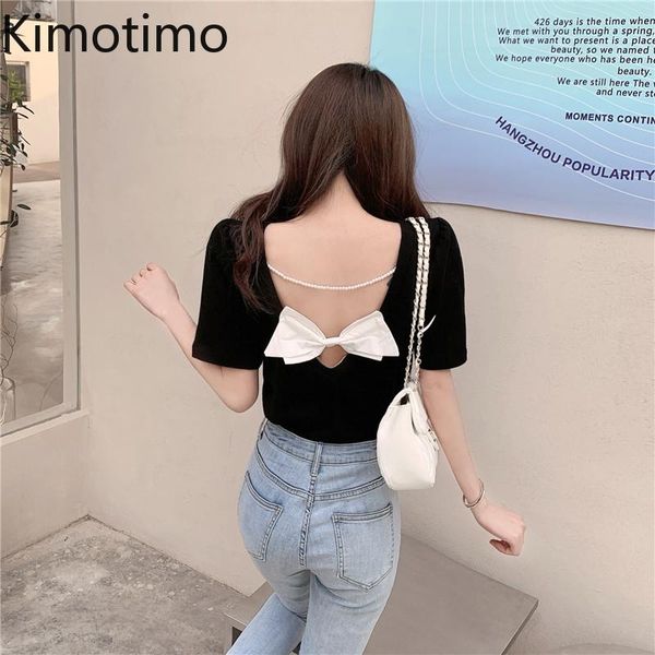 

kimotimo women design t-shirt 2021 summer korean chic fashion sweet back hollow pearl chain bow o-neck solid ins all-match women's, White