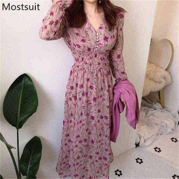 

spring printed korean chic long maxi dress women sleeve v-neck high waist buttons fashion casual dresses vestidos 210513, Black;gray
