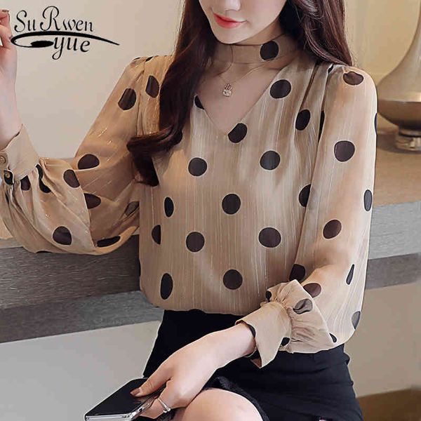 Outono de manga longa camisa mulheres pontuação de onda chiffon blusa moda mulher s v collar ol tops 1150 40 210508