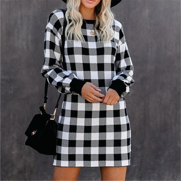 

casual dresses women fashion straight high waist mini dress long sleeve round neck spring autumn retro tummy control plaid print clothes, Black;gray
