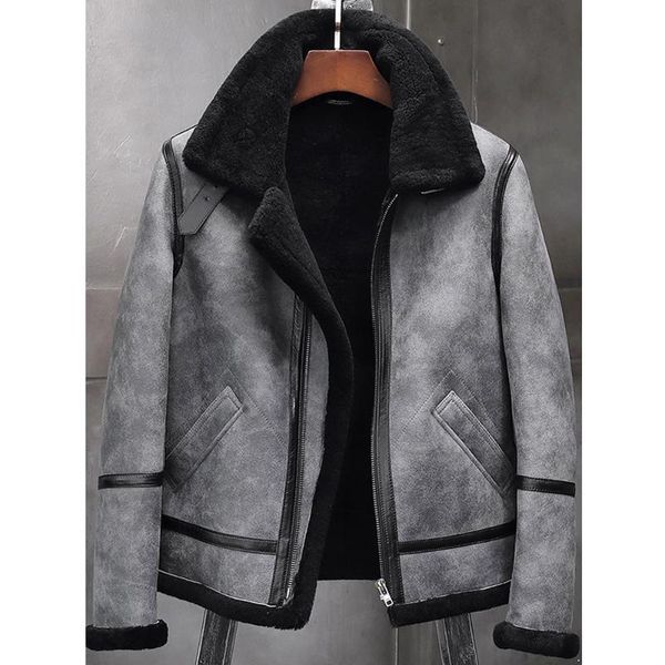 

men's leather & faux b3 shearling jacket sheepskin coat mens gray fur motorcycle winter coats, Black