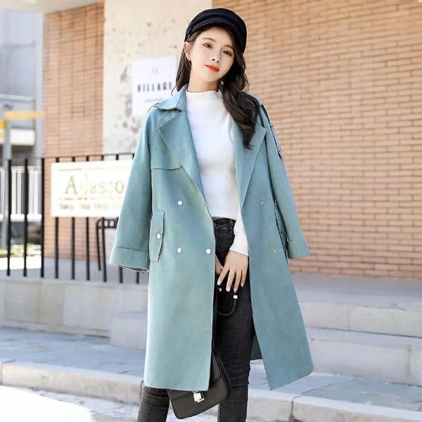 

women's trench coats elegant faux suede long coat women graceful style temperament double breasted jackets fashion street autumn outwea, Tan;black