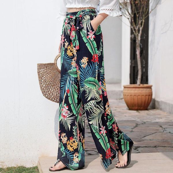 

women's pants & capris cotton silk wide-leg summer thin printed beach with pockets loose long trousers pantalones de mujer, Black;white