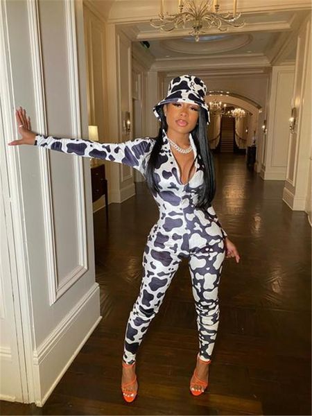 

block cowhide print jumpsuit women spandex long sleeve bodycon one piece club outfits autumn lady clothes women's jumpsuits & rompers, Black;white