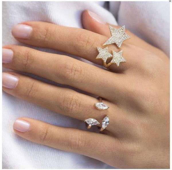 Cluster Rings Micro Pave Cz Three Stone Open Cocktail Women Finger Ring Sparking Bling White Blue Rainbow Star Jewelry