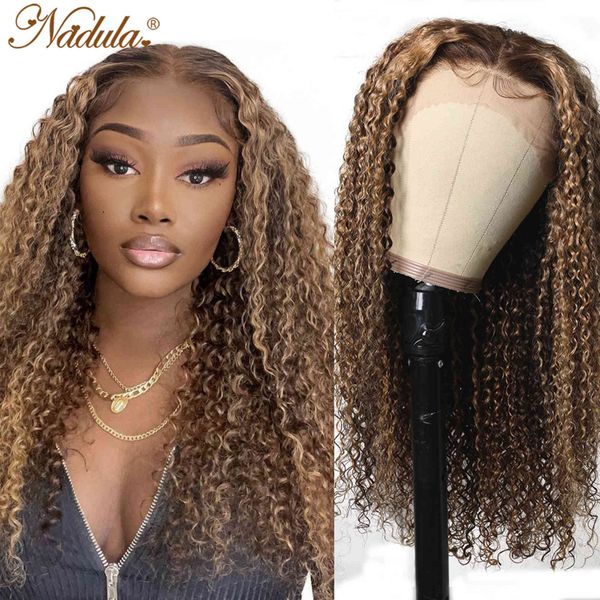 

nadula hair 13x4 highlight culry wig honey blonde brown body wave lace front wigs bone straight human for women, Black;brown