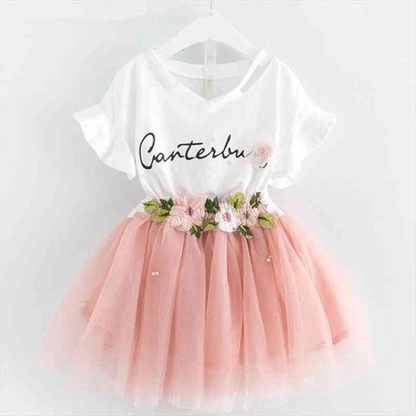 

girls clothing sets summer toddler kids baby outfit clothes printing t-shirt floral skirt 1set, White