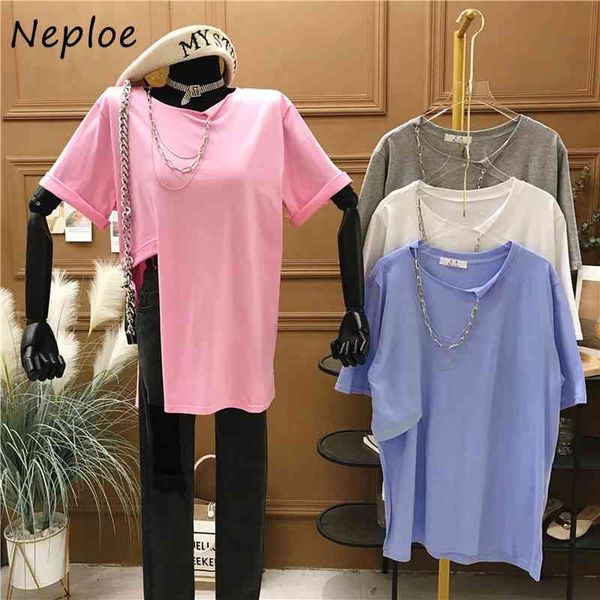 

neploe side split deisgn fashion t shirt women o neck pullover short sleeve tees femme loose causal solid ladies all match 210423, White