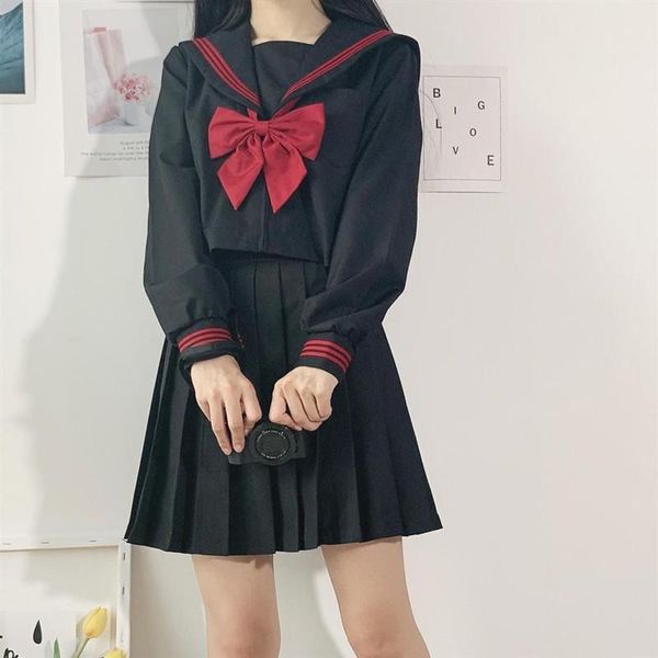 

clothing sets girls japanese school uniform basic pleated skirt jk black sailor suits harajuku shirt embroidered casual streetwear, White