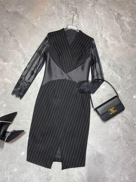 

multi panel lace sleeve design waist closing slim dress, Black;gray