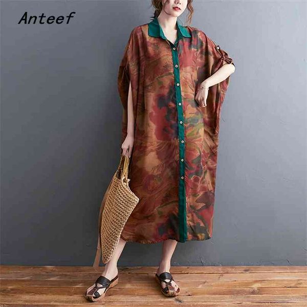 

plus size silk vintage floral dresses for women casual loose long woman summer shirt dress elegant clothes sundress 210517, Black;gray