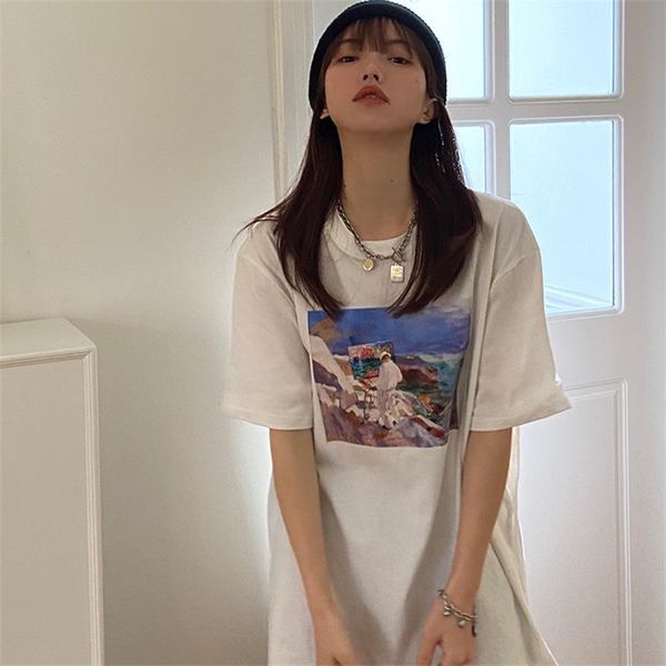 

women's t-shirt loose retro oil painting print tshirt, White