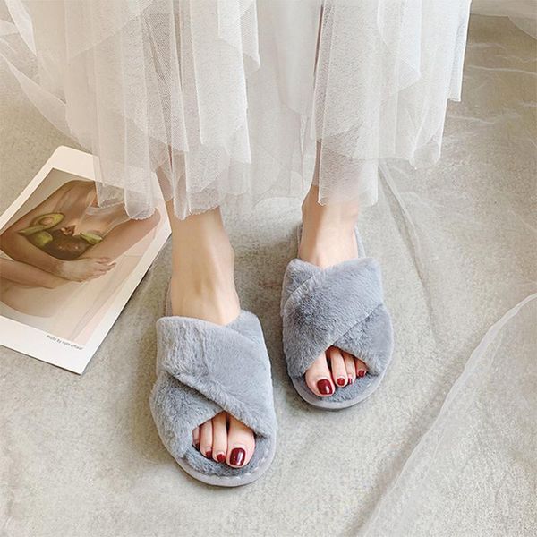 

slippers lady and women furry warm flats rubber sole non slip soft comfortable indoor outdoor, Black