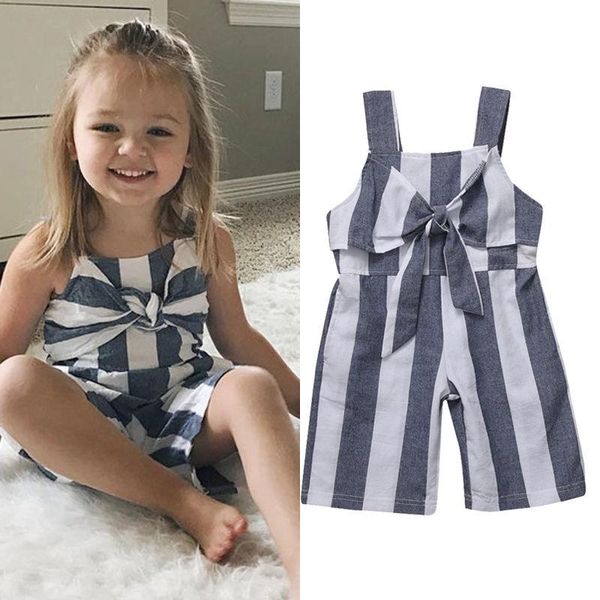 

jumpsuits toddler kids girl clothes summer 2021 sleeveless overalls girls kid baby bow-knot strip jumpsuit born outfits 2-7y, Blue
