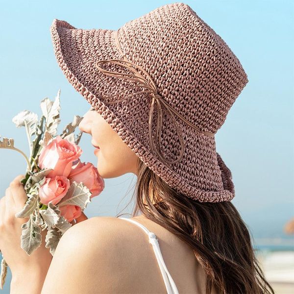 

wide brim hats ladies sun hat for women bowknot raffia straw foldable summer beach female chapeau femme, Blue;gray