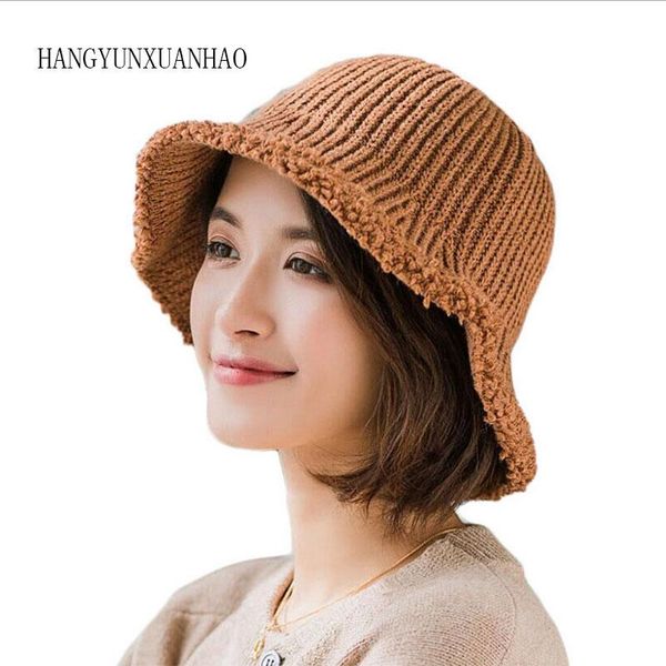 

autumn winter women's knitted hats bucket fashion warm thick folding knitting casual caps wide brim, Blue;gray
