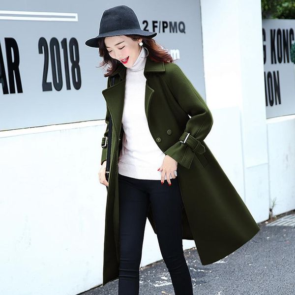 

women's wool & blends fashion wide-waisted womens long coats nice winter solid covered button blend coat and jacket turn-down collar la, Black