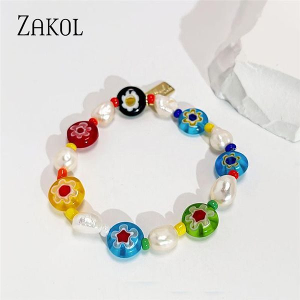 

link, chain zakol korean fashion flower freshwater pearl elastic cord beaded bracelets for women colorful cartoon, Black