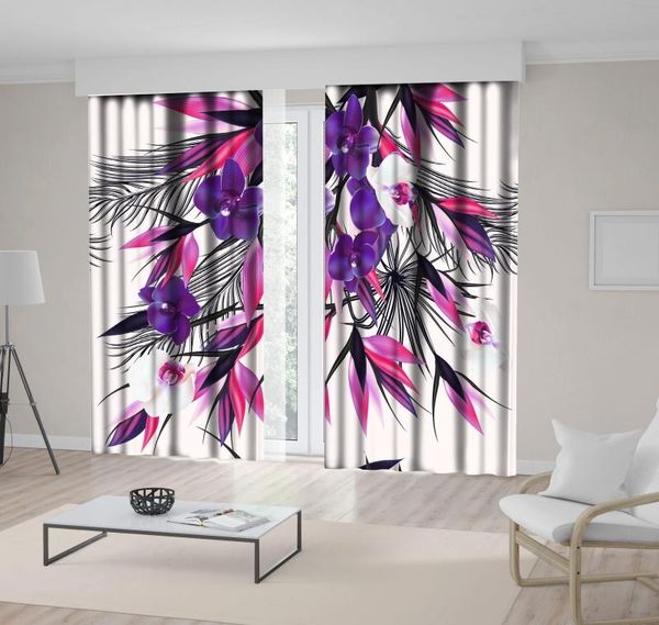 

curtain & drapes watercolor painting with magnolia lily orchid flowers and tropical leaves classic, art printed blue purple red green