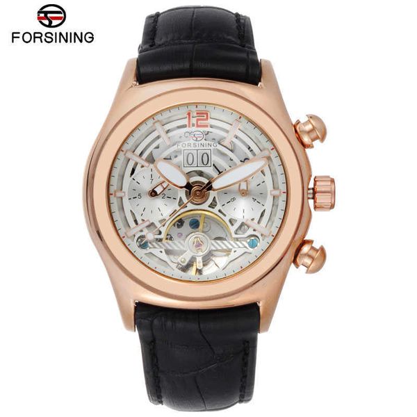 FORSINING Konvexen Glas Stilvolle Tourbillion 3D Designer Echtes Lederband Herrenuhren Top-marke Luxus Automatikuhr Uhr Q0902