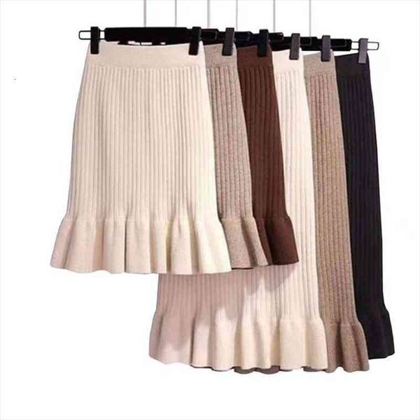 

elastic high waist women skirts autumn winter warm elegant ladies fishtail knitted skirt ribbed midi-long party skirt, Black