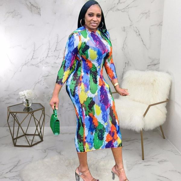 

casual dresses tie dye colorful print mesh sheer elastic hight midi dress women o-neck long sleeve skinny bodycon street clubwear, Black;gray