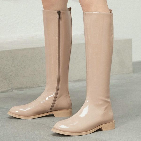 

boots women solid genuine leather knee high night club shoes woman low square heels female silm long riding, Black
