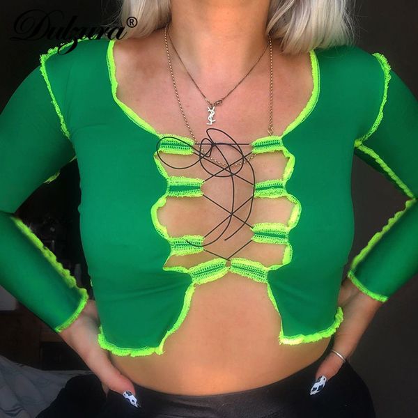 

patchwork lace up hollow out women crop t shirt long sleeve bodycon streetwear 2021 autumn winter clothes club, Black;white