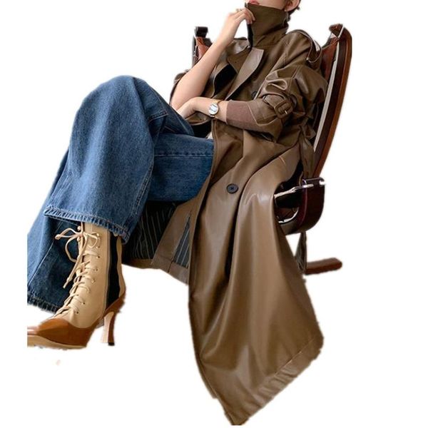 

women's trench coats autumn winter vintage england style pu leather coat women motorcycle double breasted belted loose long outwear, Tan;black