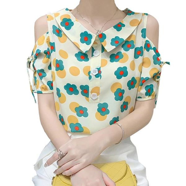 

women's blouses & shirts 2xl floral print turn-down collar elegant blouse shirt women short sleeve off shoulder lace-up femme summer, White