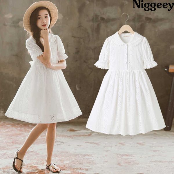 Meninas Primavera Vestido Branco Crianças Coreanas 2021 Primavera e Outono Vestido de Manga Curta Fadas Fashion Q0716