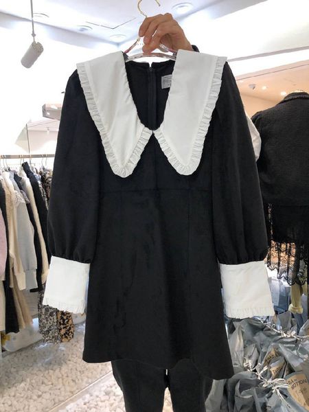 

nomikuma sweet peter pan collar women dress korean hit color long sleeve vestidos spring high waist a-line dresses 6f274 210427, Black;gray