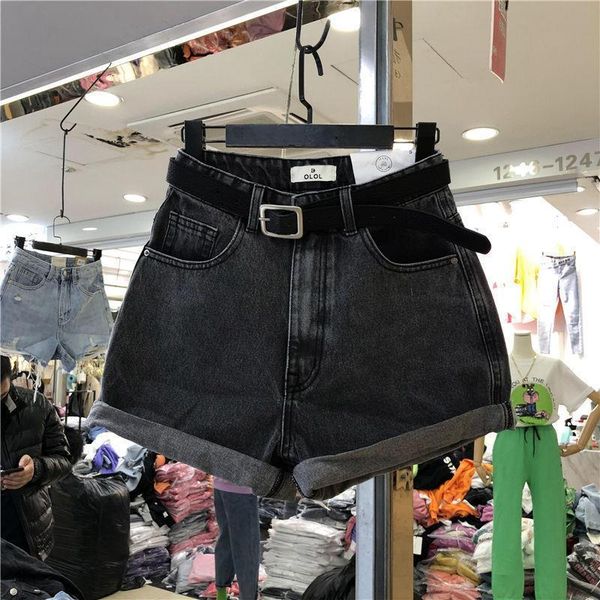 

girl black gray denim shorts women leggings high waist wide legs loose thin outside wearing a word short jeans