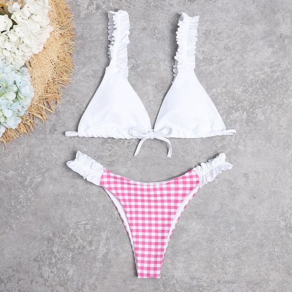 

women's swimwear lace small floral knot v-neck split bikini set, White;black
