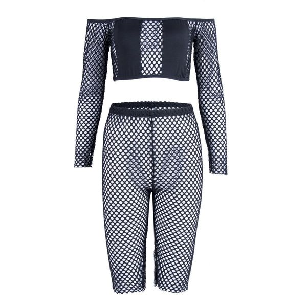 

fashion push up womens tracksuits fishnet shorts beachwear 2pcs mesh long sleeve solid slash neck sets, Gray