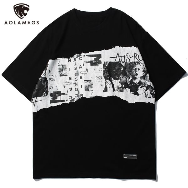 

men's polos aolamegs men's t-shirts from the vintage spaper boys printing t-shirts loose neck high street hipster cool streetwear, White;black
