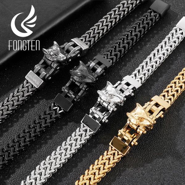 

link, chain fongten animal wolf head mesh men bracelet shiny & matte stainless steel punk style male fashion jewelry, Black