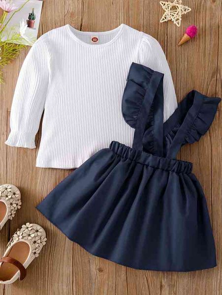 

baby ribbed knit flounce sleeve tee & ruffle trim pinafore skirt she, White