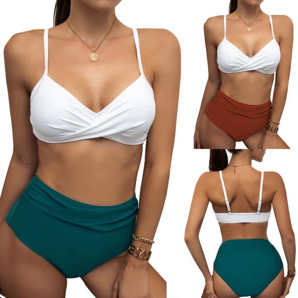 

women's swimwear women split swimsuit set, solid color deep v-neck backless bikini + high waist panties for summer, White;black