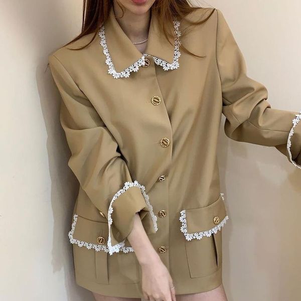 

women's suits & blazers [ewq] korean chic autumn temperament lapel lace embellishment metal single breasted long sleeve suit coat women, White;black