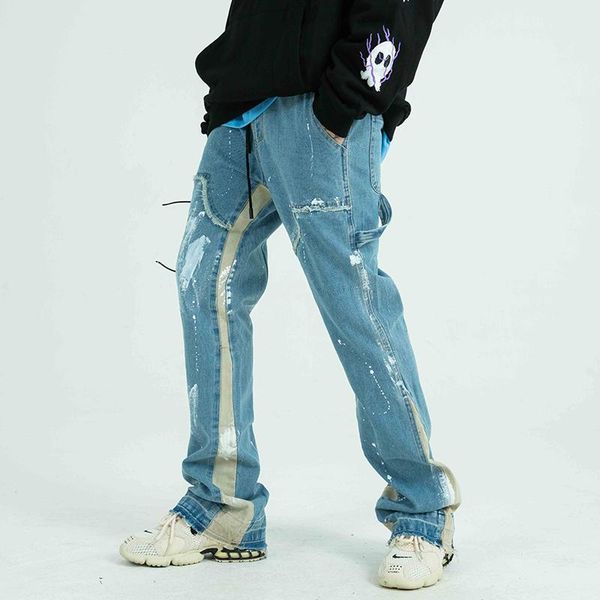 

men's jeans color block painted streetwear drawstring men frayed side ribbon loose casual denim trousers hip hop harajuku couple pants, Blue
