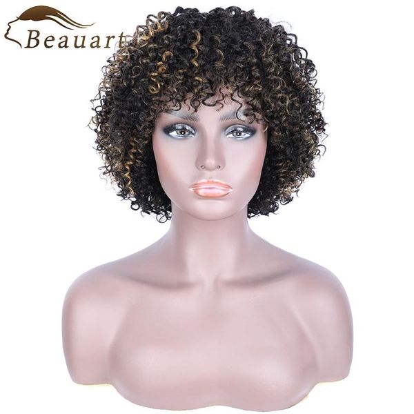 

lace wigs beauart 100% human hair bob cut full for black women 12"short natural curls wig with bangs ombre brown curly machine, Black;brown