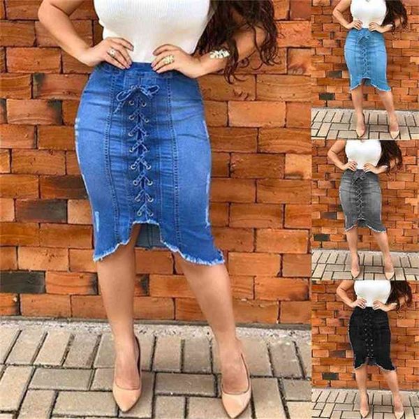 

summer denim skirt women fashion high wasit bow tie slim fit hole ripper jeans plus size solid color female skirts 210702, Black