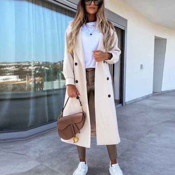 

women's wool & blends women fashion long woolen coats 2021 vintage female turn down collar sleeve slash loose double-breasted pocket ja, Black