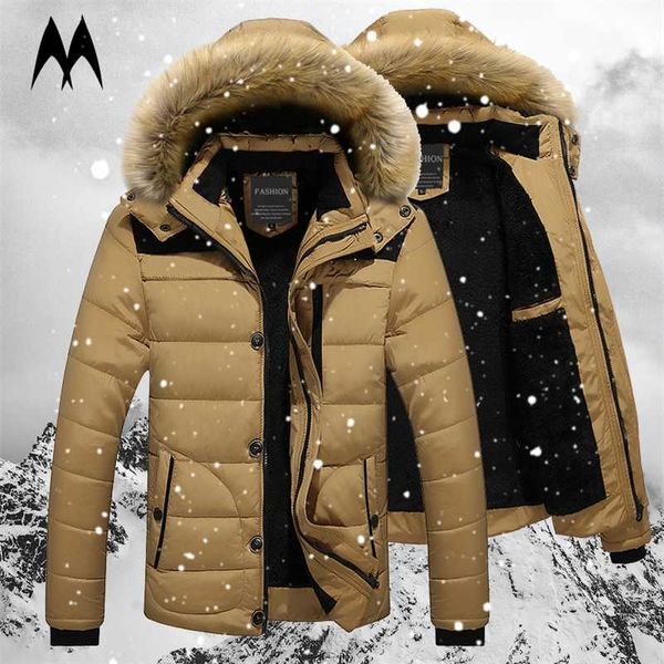 

men winter jacket coats fur collar hooded parka down jackets outerwear thick mens warm overcoat wool liner coat plus size 211110, Black