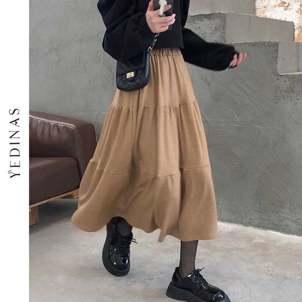 

yedinas autumn vintage women patchwork skirts chic long cake a-line midi skirt ladies korean style loose simple mujer faldas 210527, Black