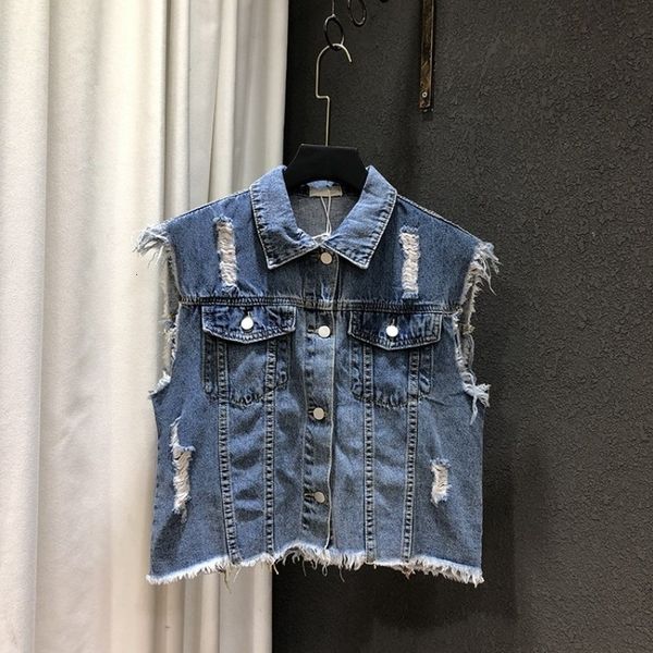 

women's vests female fashion summer without sleeves torn hole denim thin casual jacket cowgirl single short white breasted zntb, Black;white