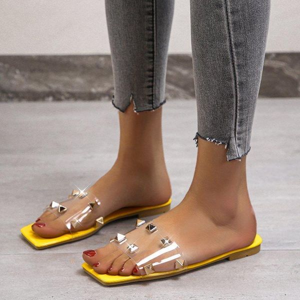 

slippers 2022 summer women flat casua rivet shoes fashion transparent sandal slip outdoor square head for, Black