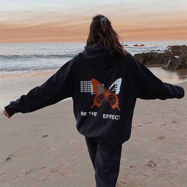 

be the effect streetwear hip hop punk butterfly goth print vintage casual loose harajuku hoodie sweatshirt hooded pullover 211220, Black
